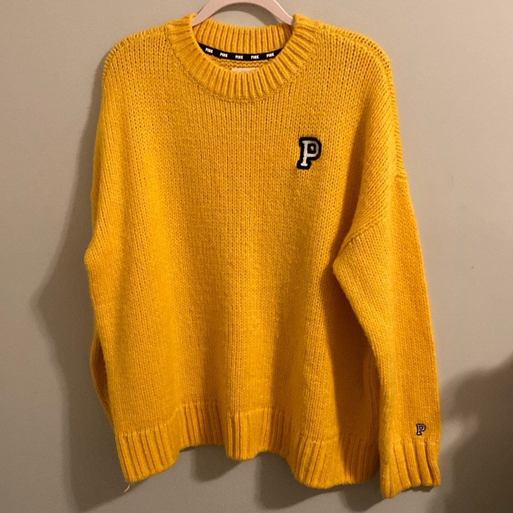 Victorias Secret Pink gold yellow oversize letterman thick sweater